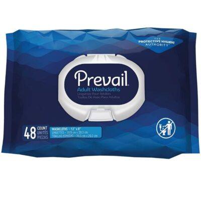 package of prevail adult wash cloth, made with Fragrance, lotion and much more, 48 wipes in the package for $8.00 CAD